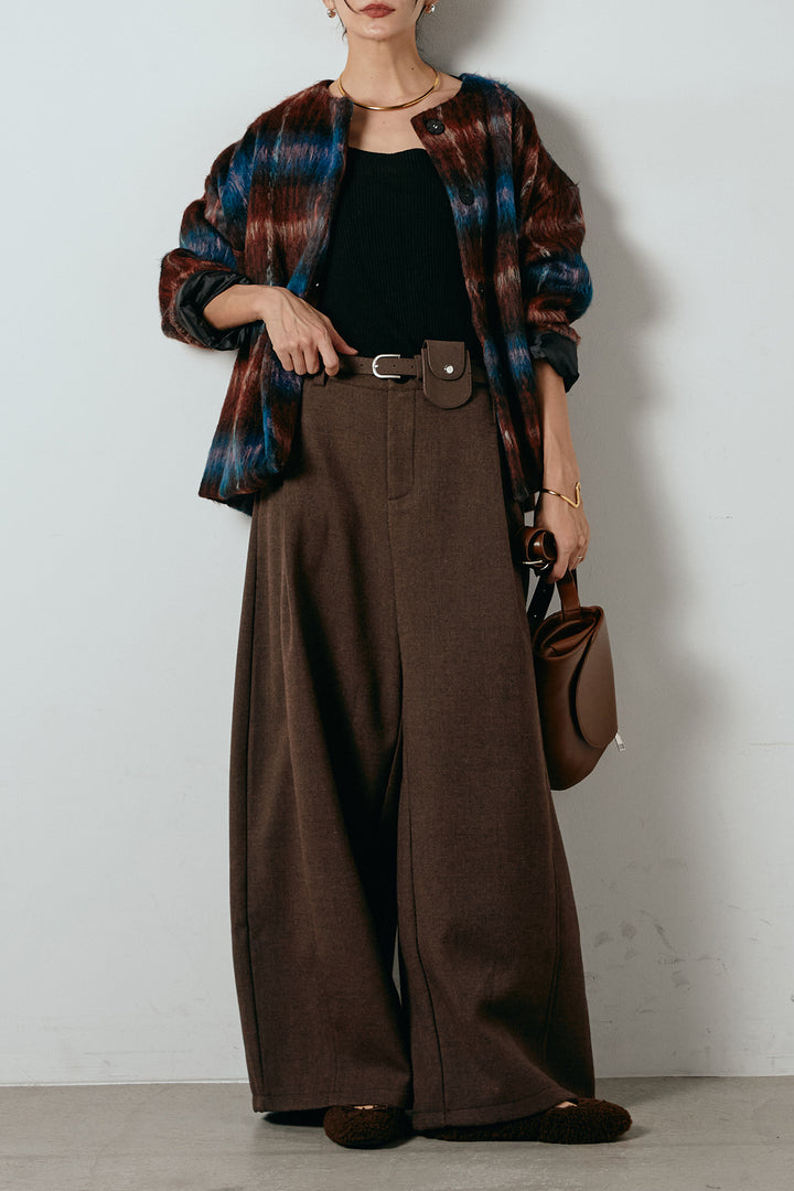 [SET]ノーカラーシャギーチェックアウター+ポーチベルト付きカーブパンツ(2set)