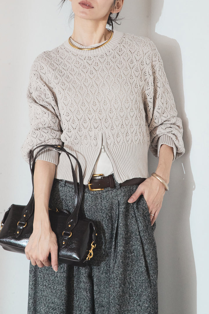 [SET]透かし編みニットジップスリットプルオーバー+タックツイードワイドパンツ(2set)