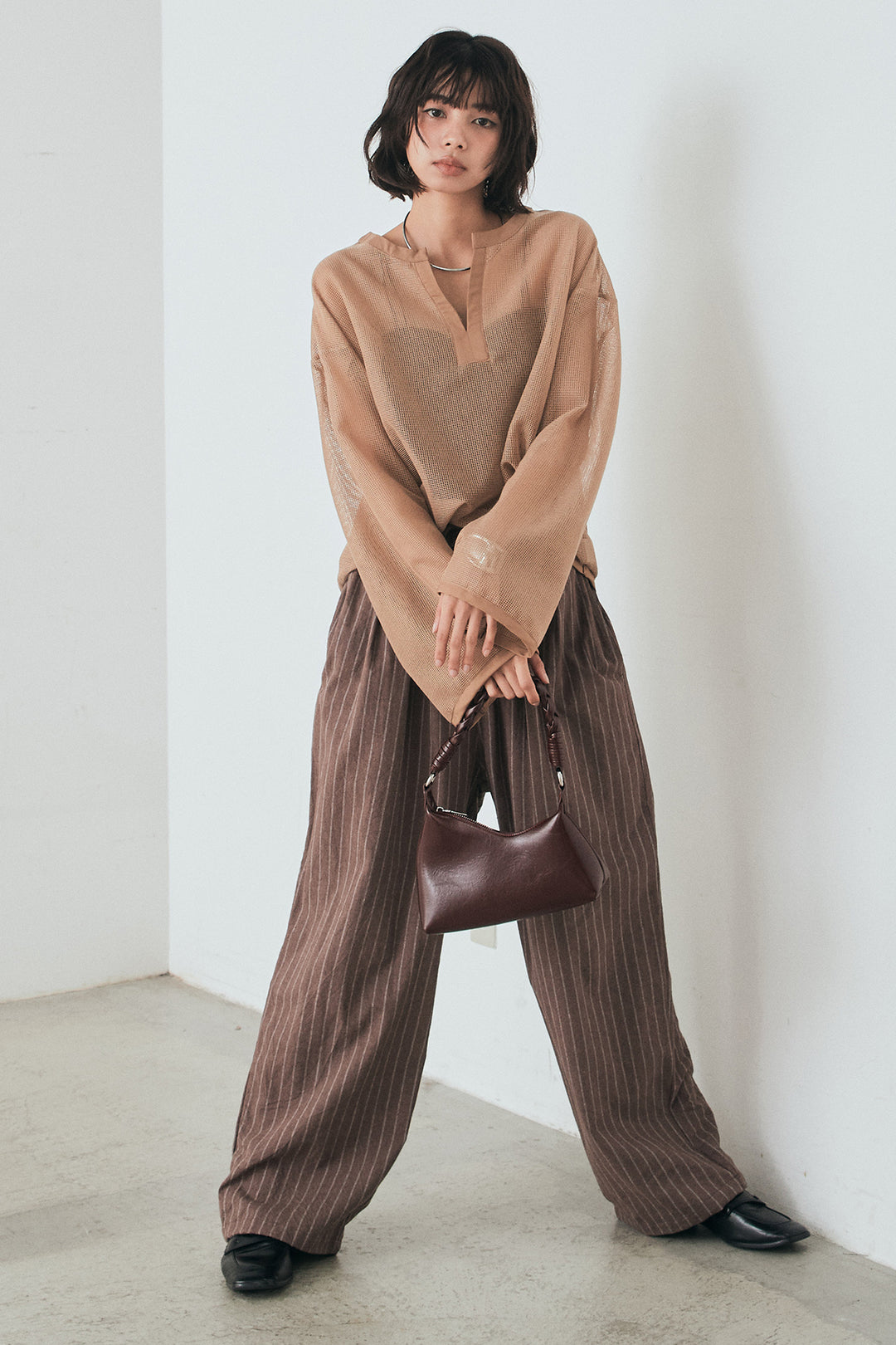 [SET]メッシュカットソースキッパープルオーバー+リネンライクストライプタックイージーパンツ(2set)