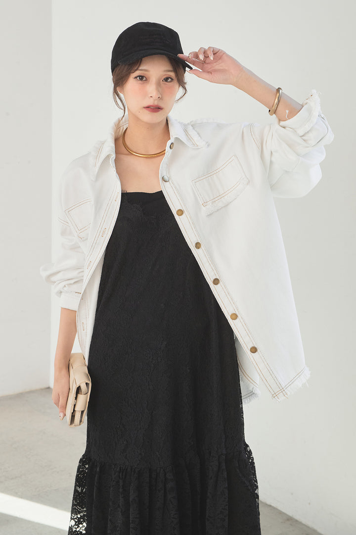 [SET]フリンジデニムジャケット+レース刺繍フレアキャミワンピース(2set)