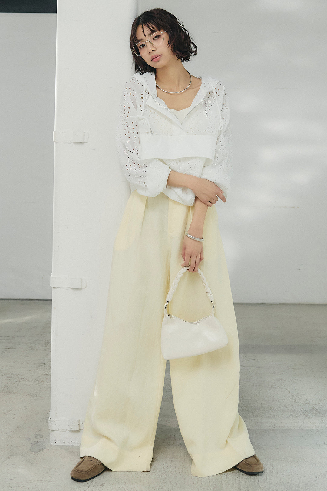 [SET]レースハーフジップアップフーディー+リネン混タックストレートワイドパンツ(2set)