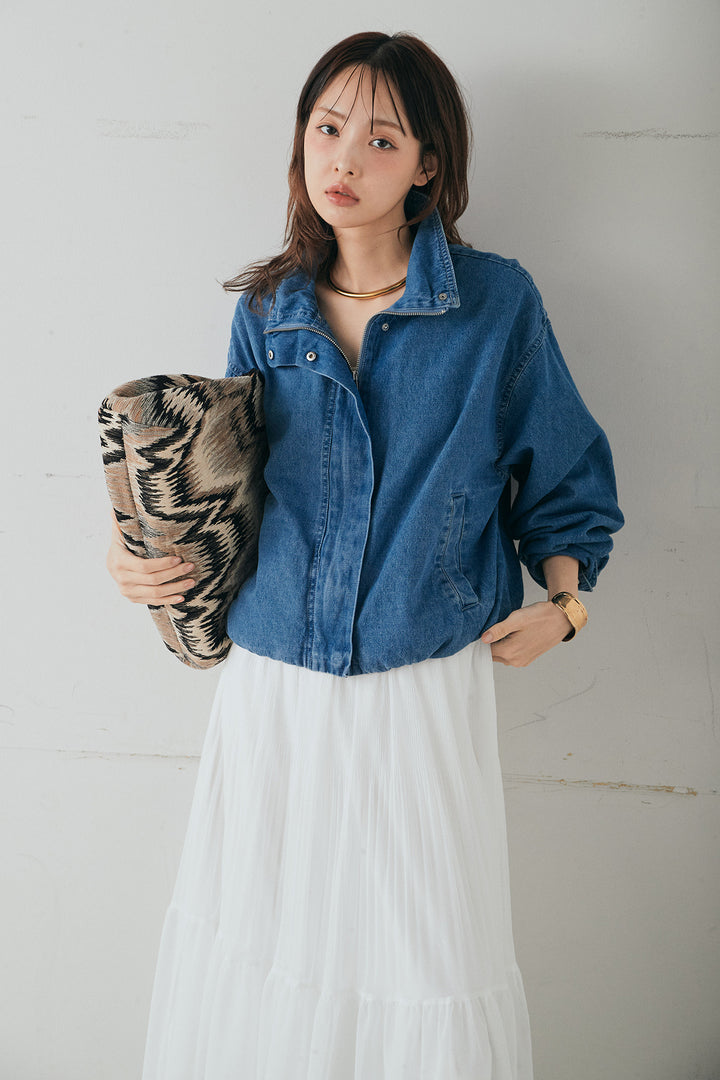 [SET]スタンドカラーデニムブルゾンジャケット+ボリュームシルエットチュールスカート(2set)