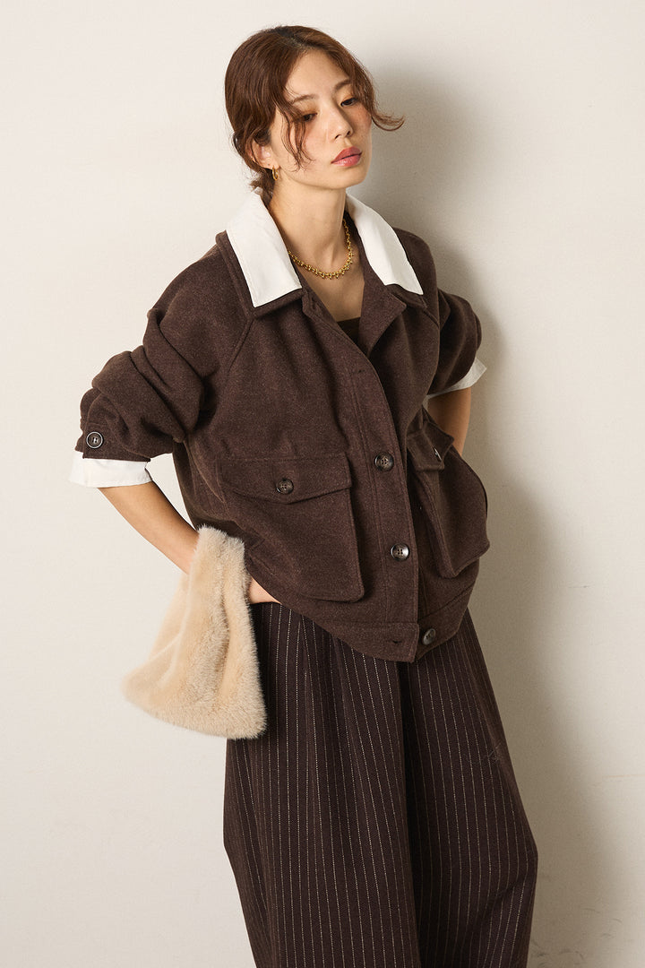[SET]衿レイヤードフェイクウールジャケット+ウールライクストライプパンツ(2set)
