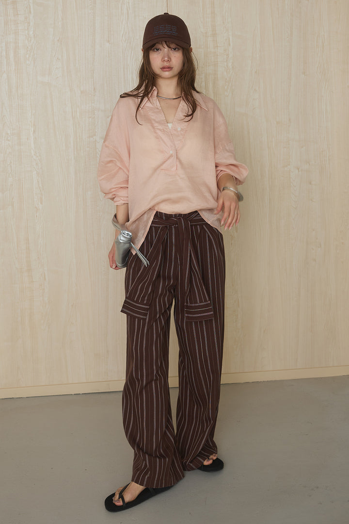 [SET]襟付きボタンブラウス+ウエスト巻きピンストライプパンツ(2set)