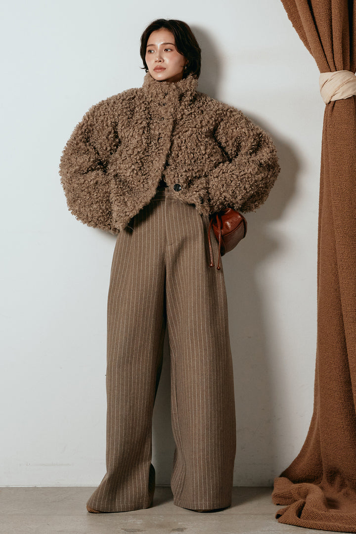 [SET]プードルファーミドルジャケット+ウールライクストライプパンツ(2set)