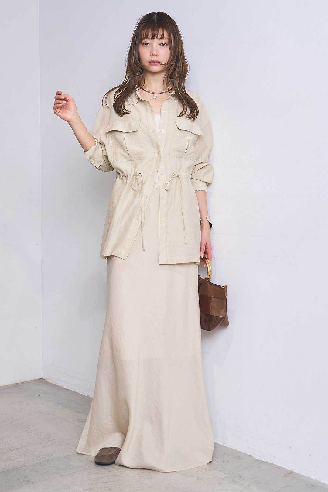 [SET]リネンブレンドシアーサファリシャツ+リネンブレンドロングナロースカート(2set)