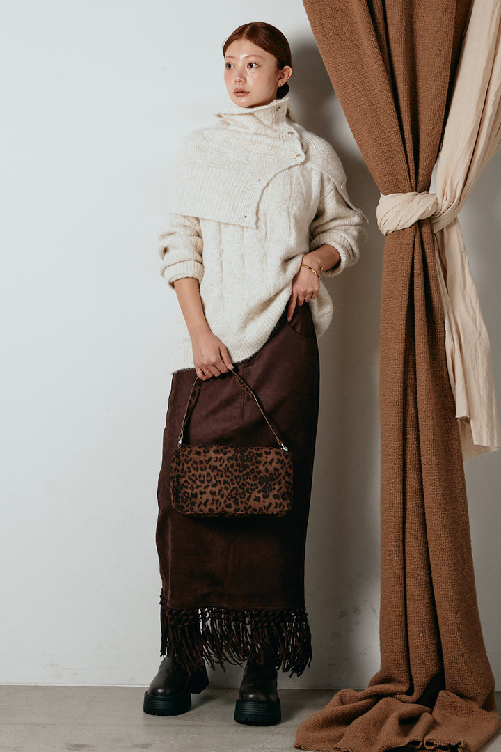 [SET]ケープデザインケーブルニットトップス+スウェードライク裾フリンジスカート(2set)