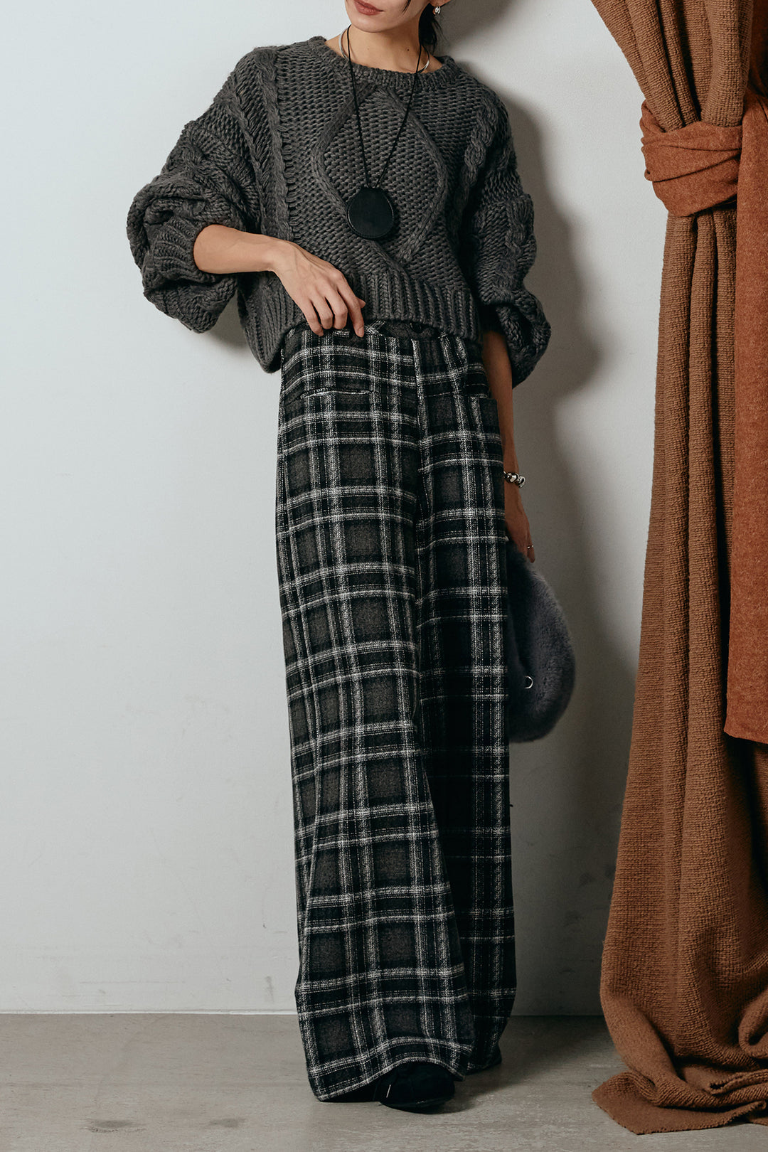 [SET]ロービングケーブルショート丈プルオーバー+ルーズタータンチェックワイドパンツ(2set)