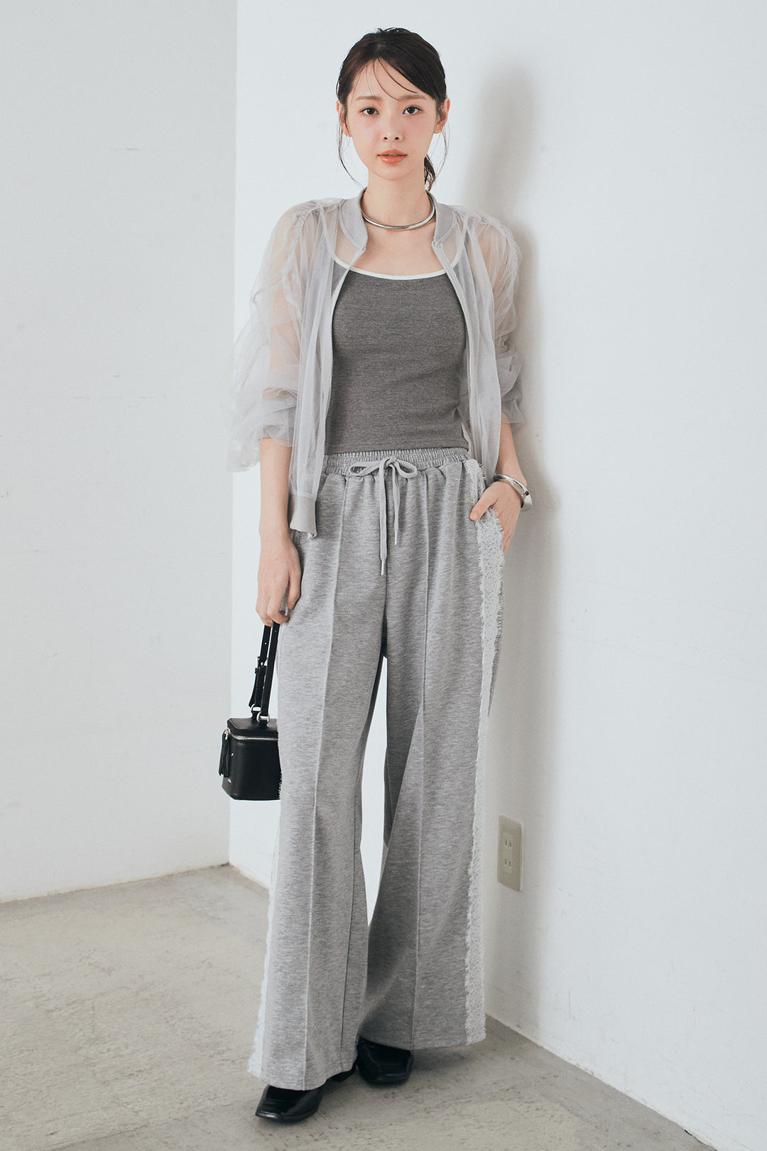 [SET]エアリーチュールスリーブシアーブルゾン+Wフェイスカットソーサイドレースラインパンツ(2set)