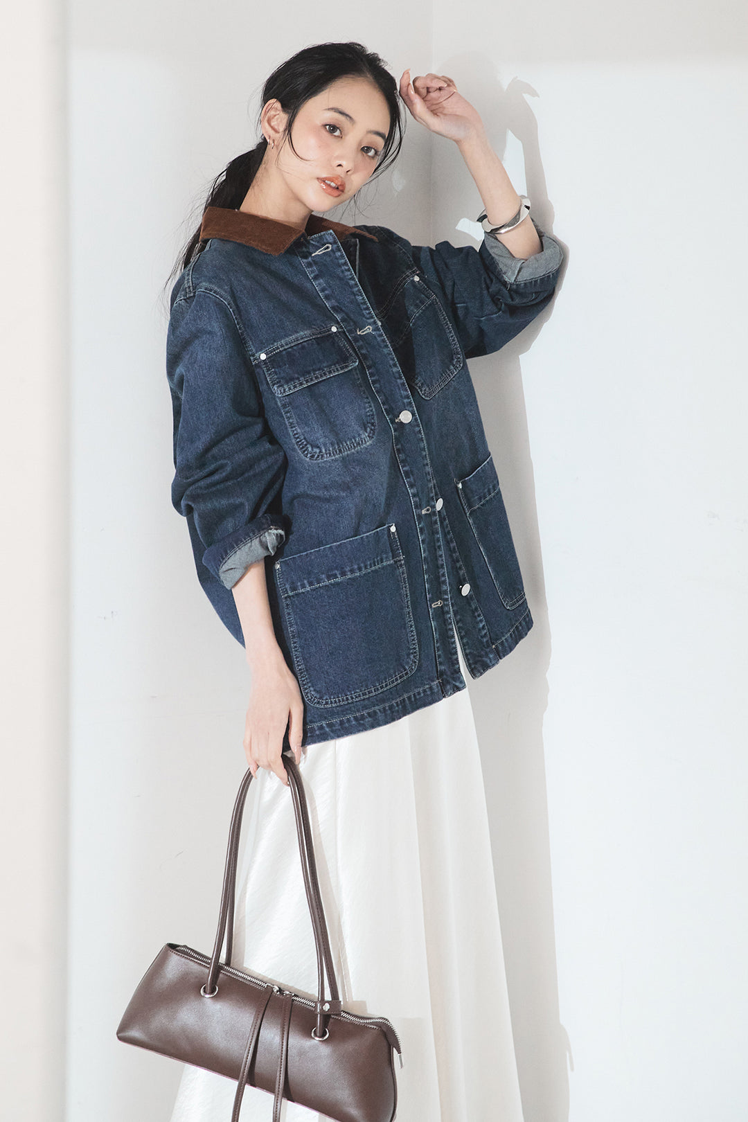 [SET]襟コーデュロイデニムカバーオール+裾レースデザインサテンスカート(2set)