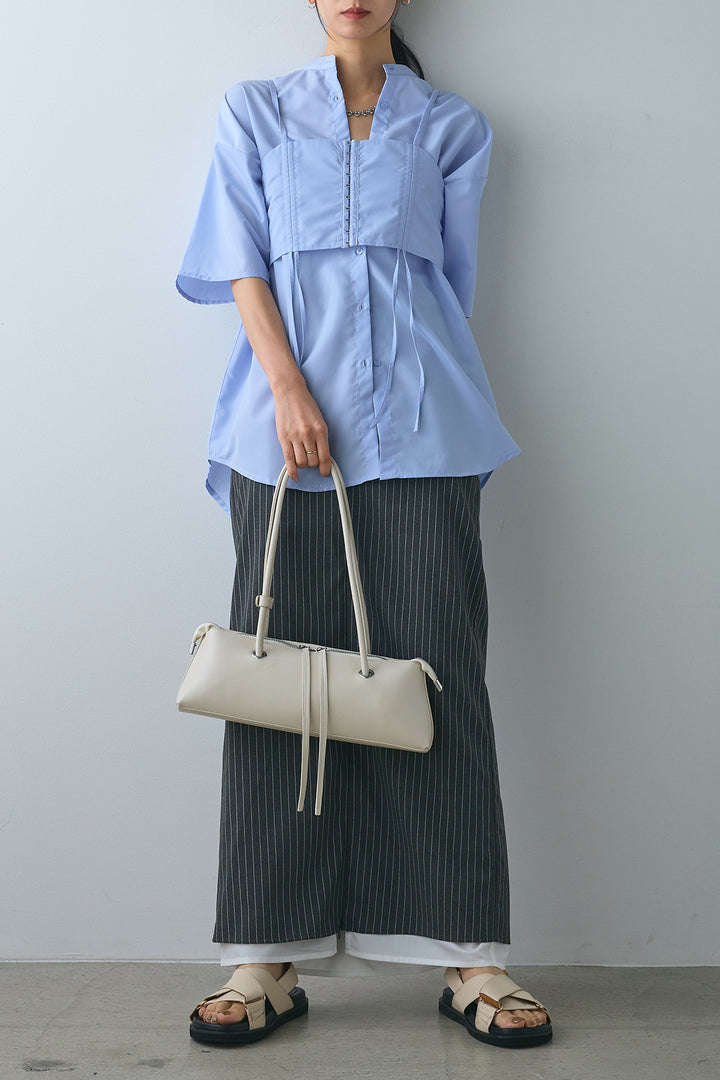 [SET]ホックビスチェ付きバンドカラーシャツ+ストライプストレートスカート(2set)