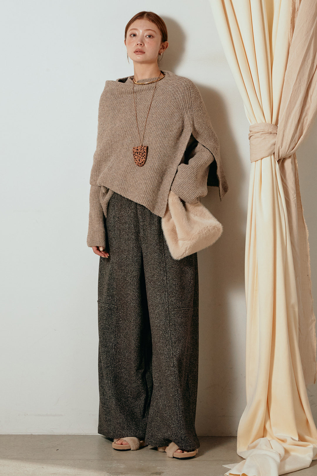 [SET]ケープデザインリブニットトップス+太ベルト付きツイードワイドパンツ(2set)