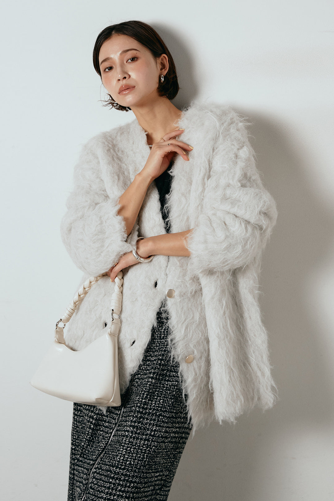 [SET]ウェーブシャギーニットジャケット+グレンチェック柄フロントジップタイトスカート(2set)