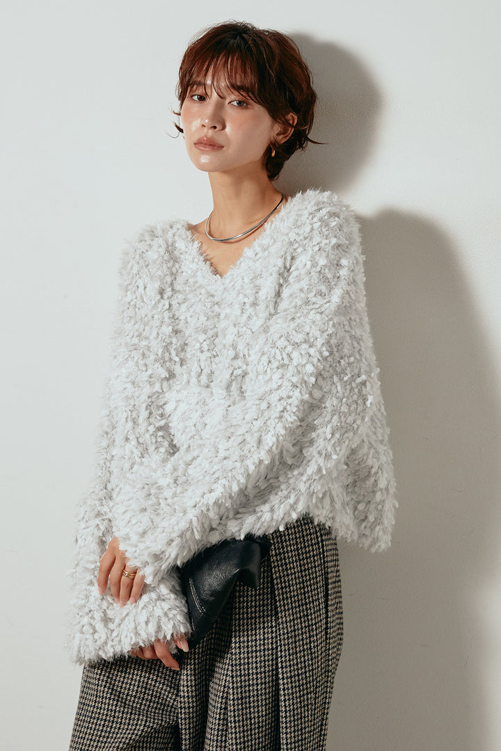 [SET]深Vネックチョウチョヤーンニットトップス+ガンクラブチェックタックパンツ(2set)