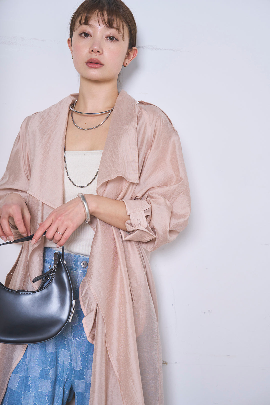 [SET]ロングシアーアウター+パッチワーク風デニムワイドパンツ(2set)