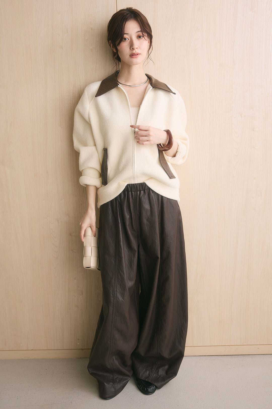 [SET]襟レザーライクジップブルゾン+フェイクレザーカーブワイドパンツ(2set)