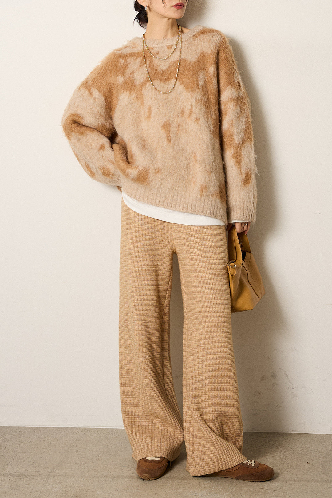 [SET]モヘアタッチマーブルニット+ワイドリブニットイージーパンツ(2set)