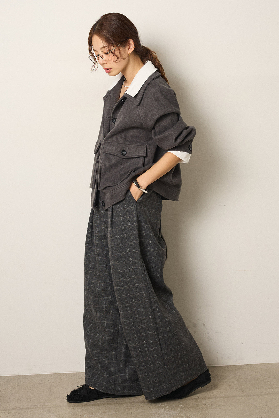 [SET]衿レイヤードフェイクウールジャケット+ウールライクチェックタックパンツ(2set)