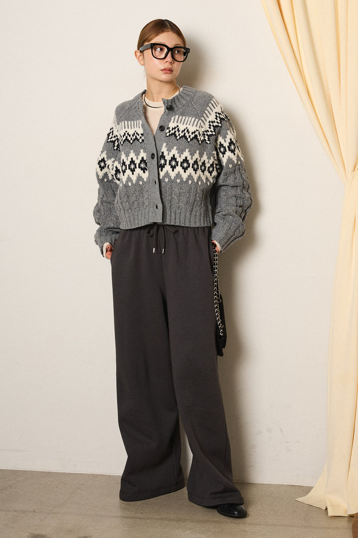 [SET]2WAY求心柄ジャガードショートカーディガン+裏起毛スウェットワイドパンツ(2set)