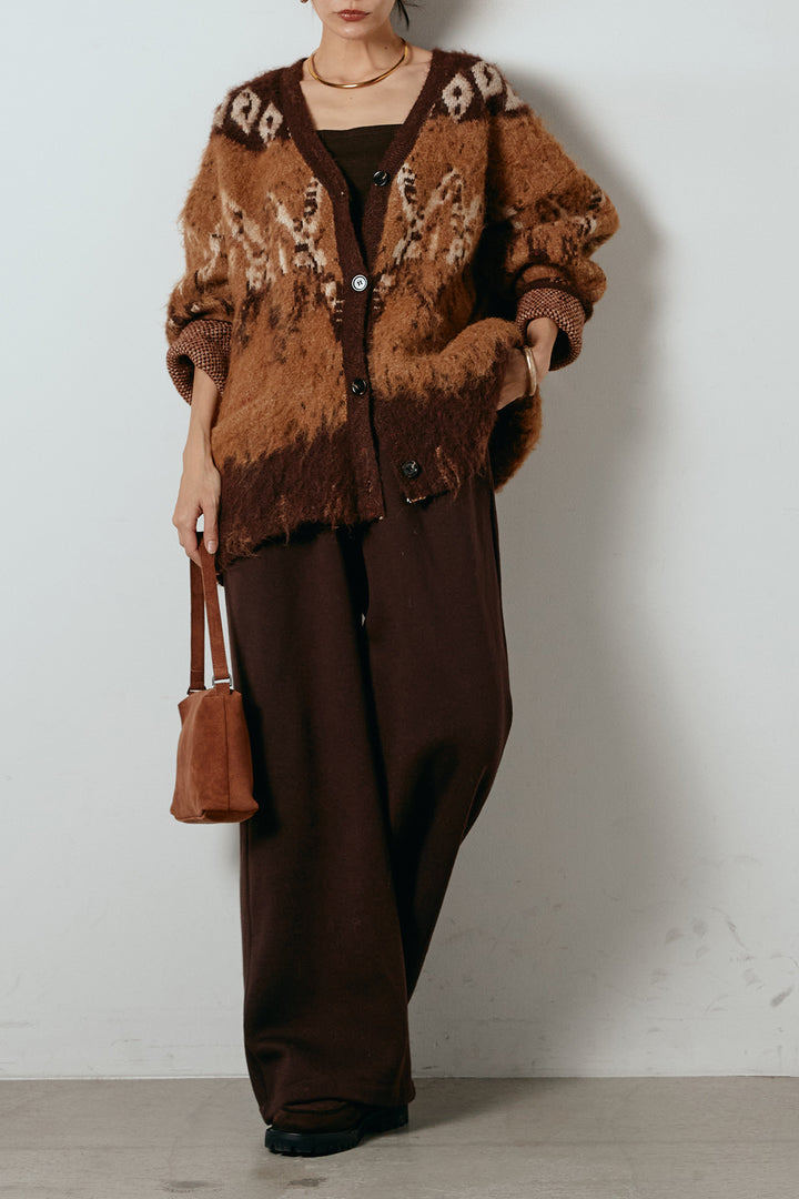 [SET]シャギーニュアンス柄ニットカーディガン+裏起毛スウェットワイドパンツ(2set)