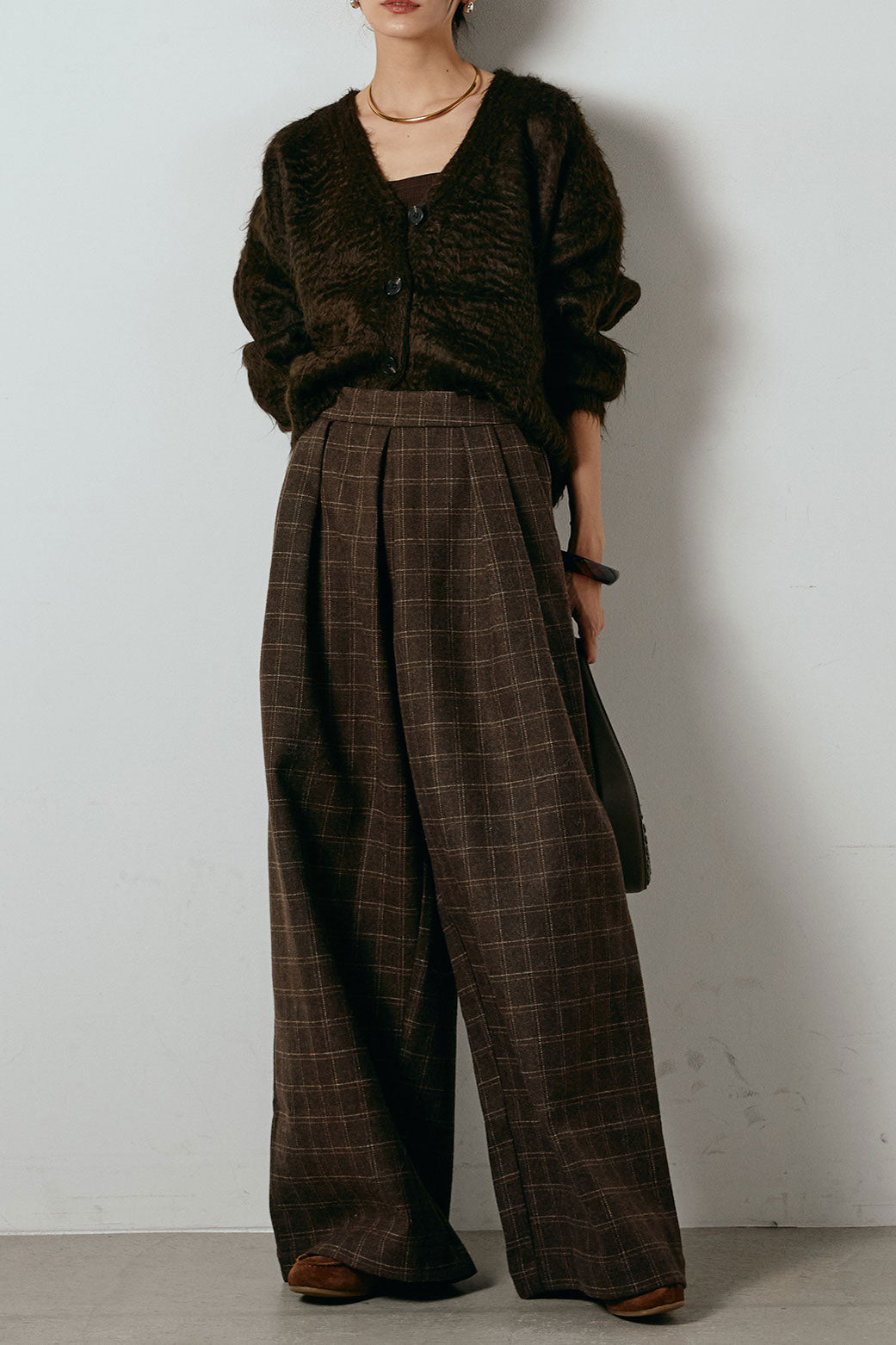 起毛ボタンニットカーディガン/コーヒー