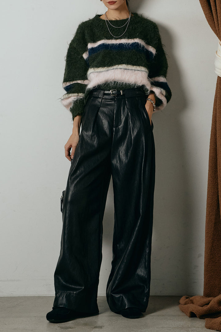 [SET]起毛配色マルチボーダーニットトップス+ベルト付きレザーライクタックパンツ(2set)