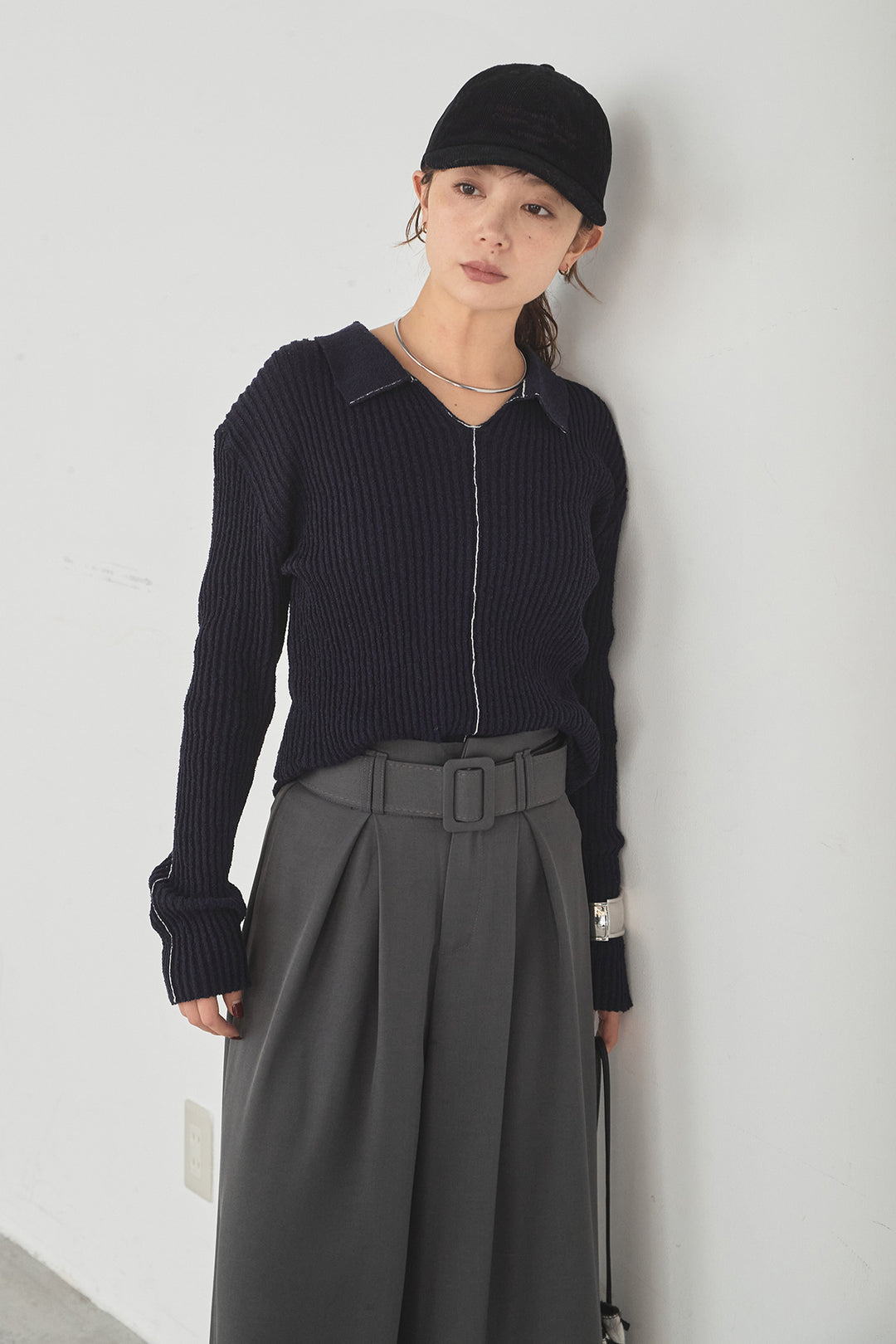 [SET]衿付きニットプルオーバー+ベルト付きツータックワイドパンツ(2set)