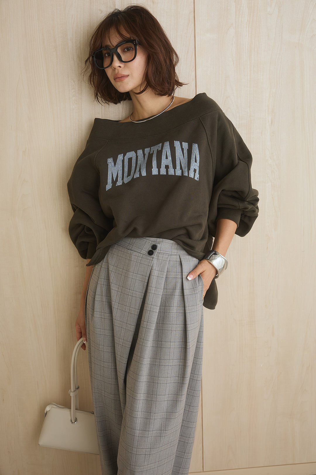[SET]裏毛パフスリーブロゴスウェット+ウエストアシメタータンチェックパンツ(2set)