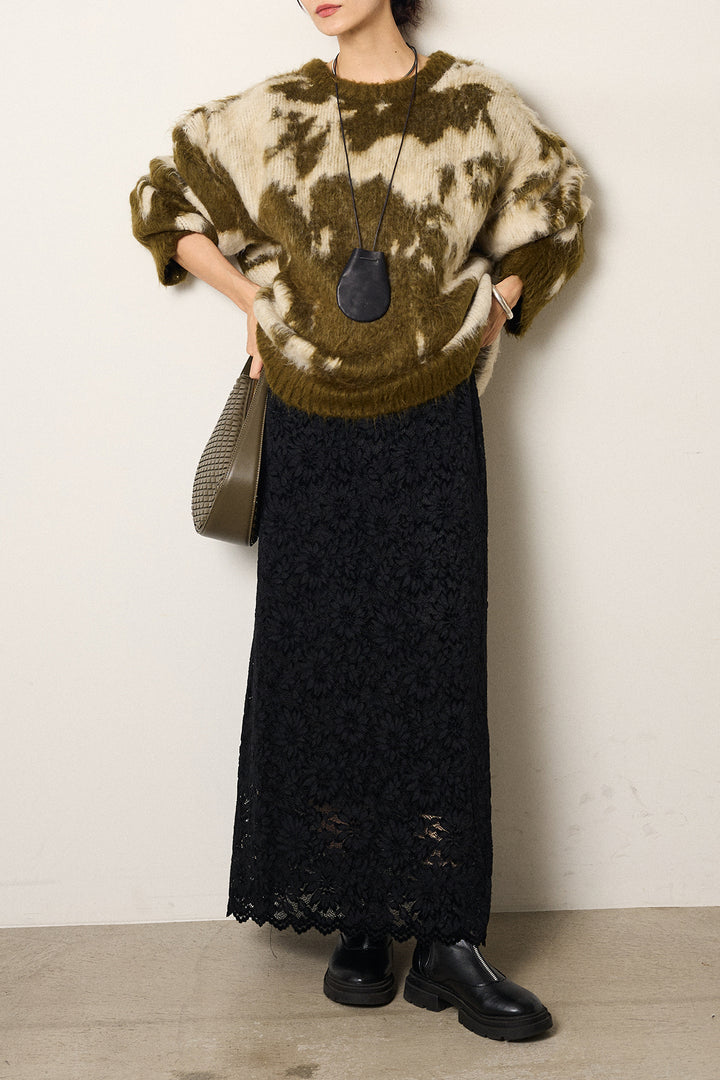 [SET]モヘアタッチマーブルニット+花柄刺繍ベロアフレアスカート(2set)