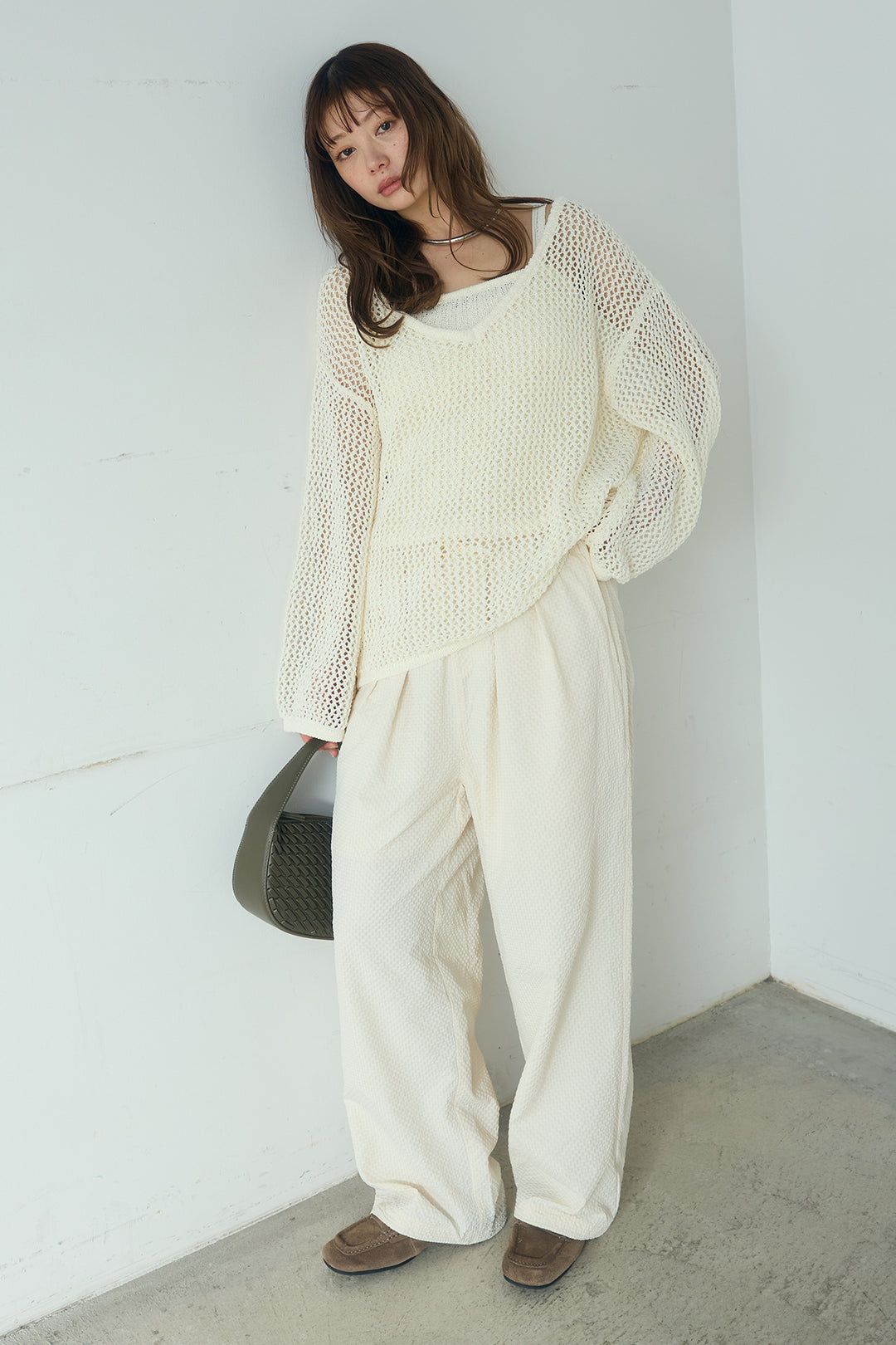 [SET]メッシュ編みビスチェセットVネックプルオーバー+シアサッカーイージーパンツ(2set)