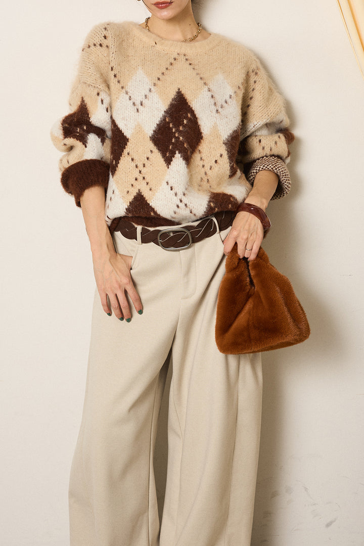 [SET]配色アーガイル柄ニットトップス+編みベルト付きワイドパンツ(2set)