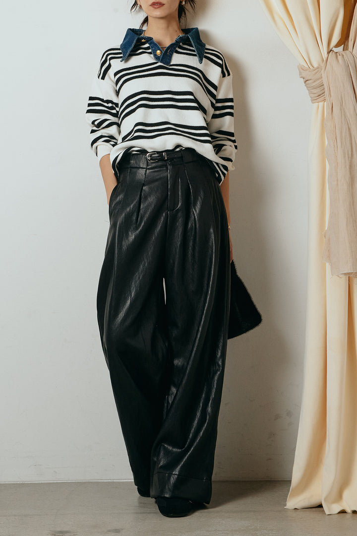 [SET]デニムレイヤード風ランダムボーダーニットプルオーバー+ベルト付きレザーライクタックパンツ(2set)