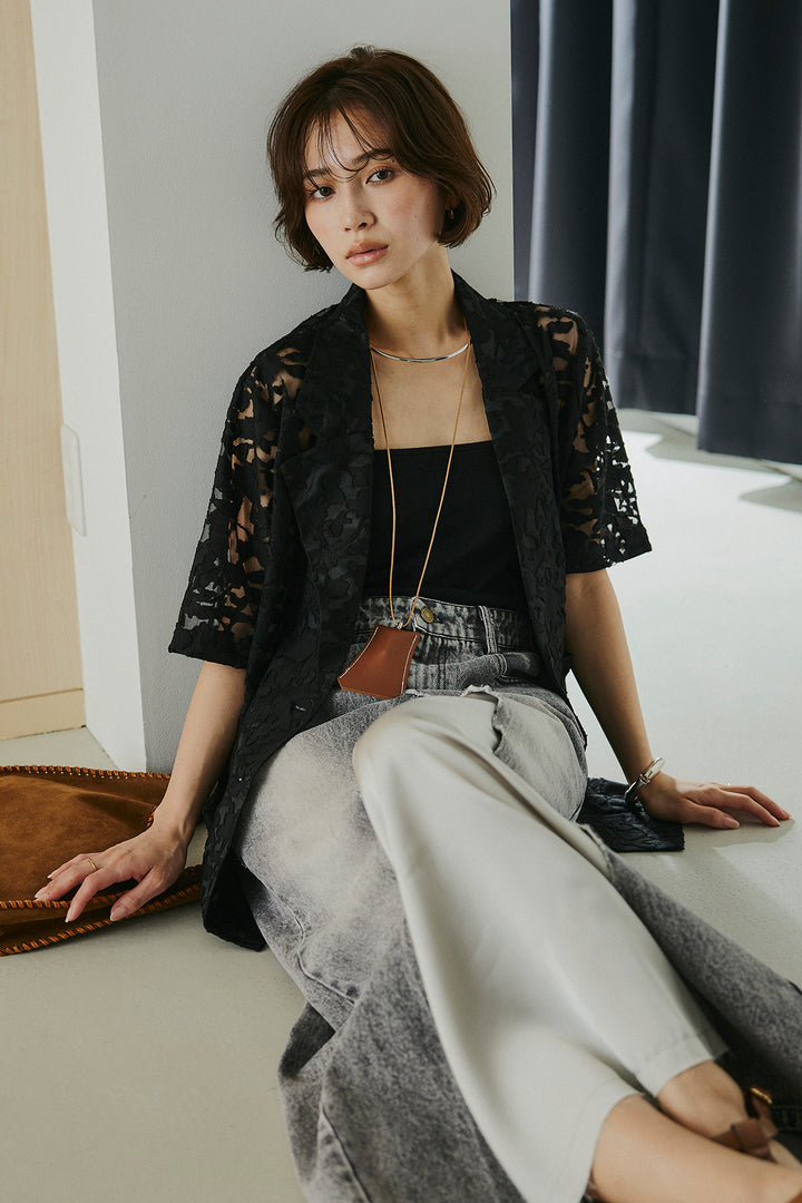 [SET]シアージャガードハーフスリーブテーラードジャケット+サテン切り替えデニムスカート(2set)