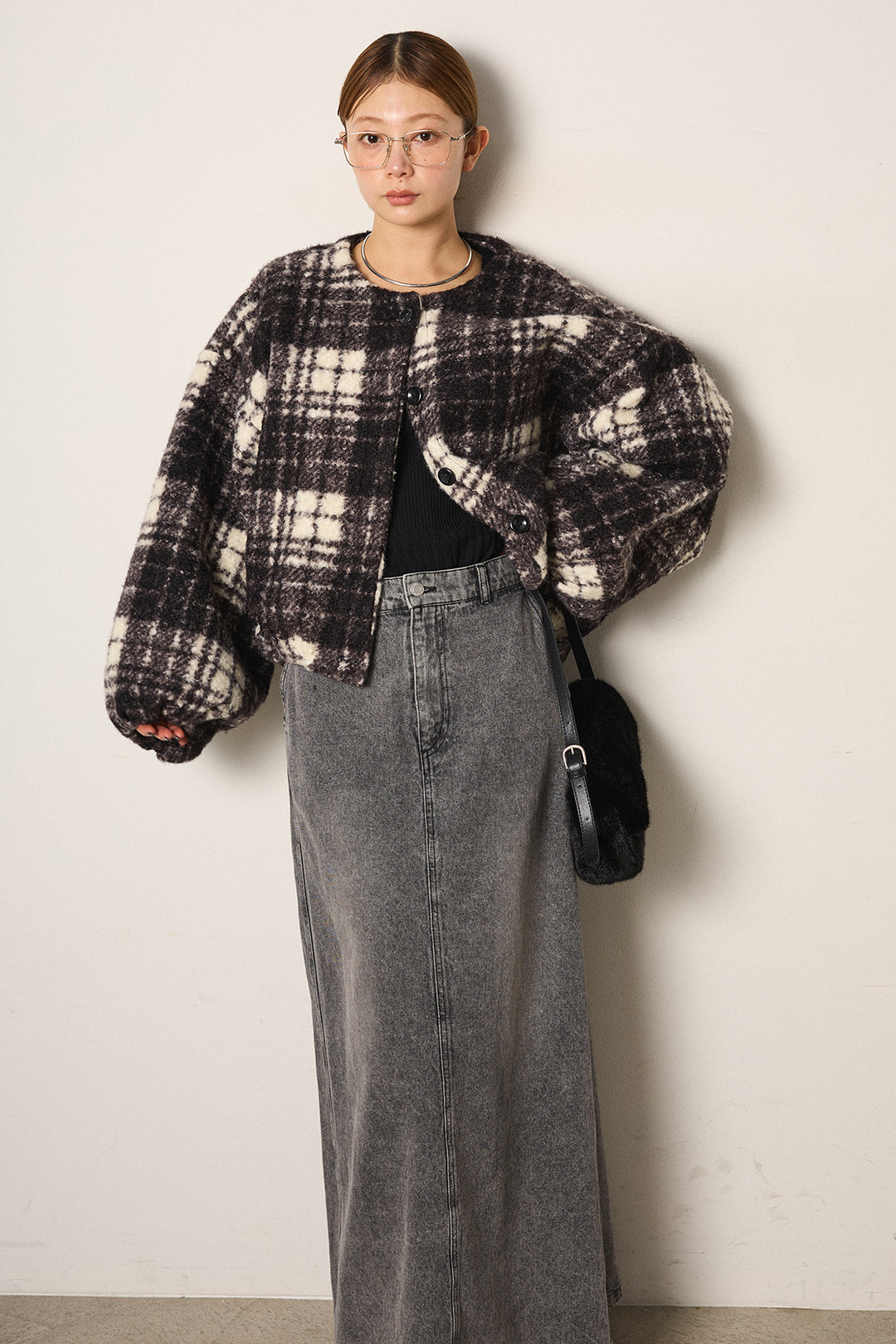 [SET]ノーカラーチェック柄ボアブルゾン+デニムロングフレアスカート(2set)