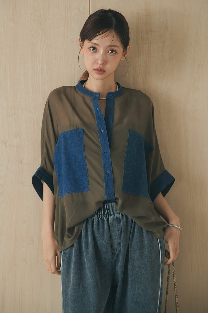 [SET]デニムライクビッグツーポケシアーシャツ+ドロストサイドラインデニムパンツ(2set)