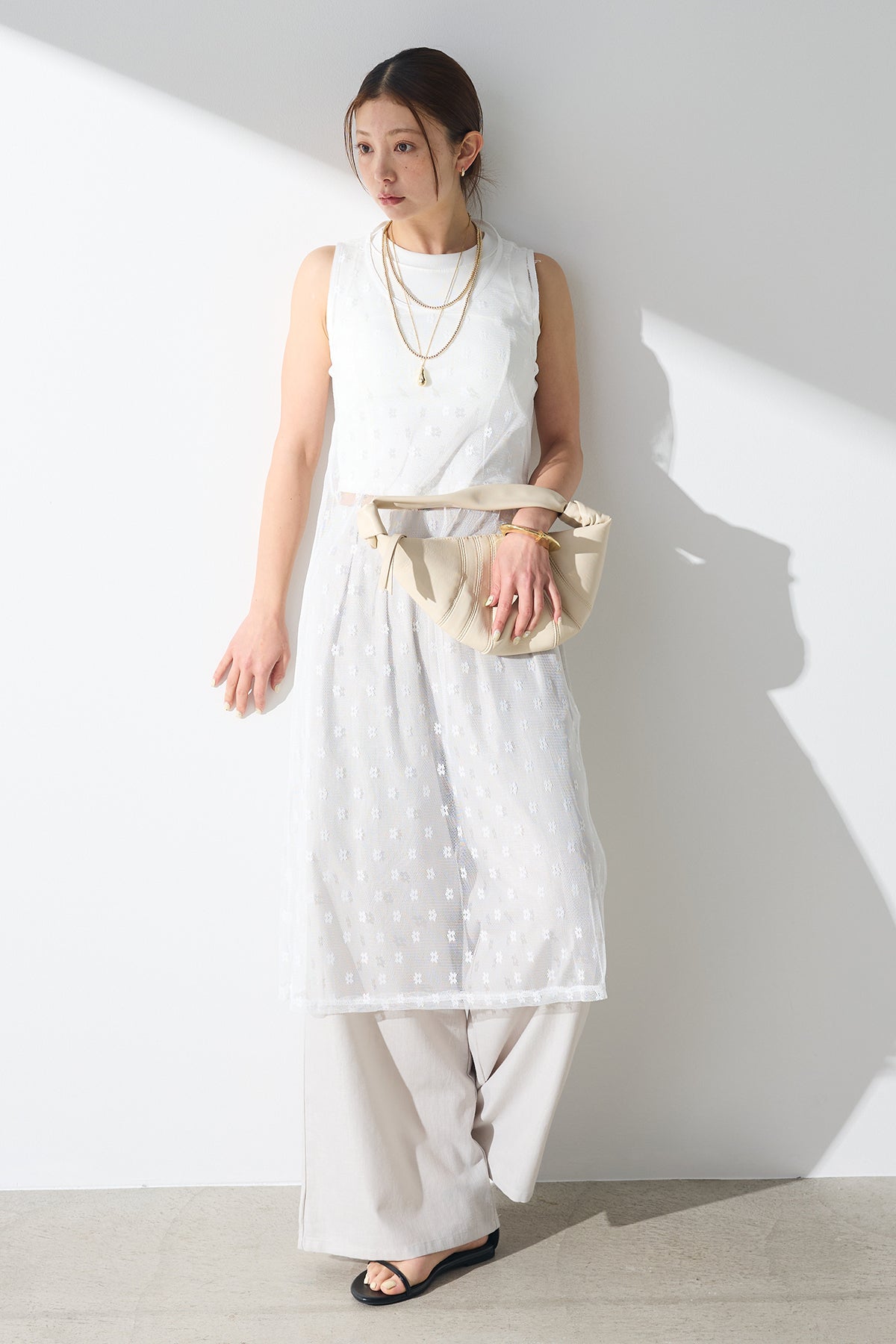 SET]花柄レースシアーワンピース+リブ切り替えタンクトップ(2set