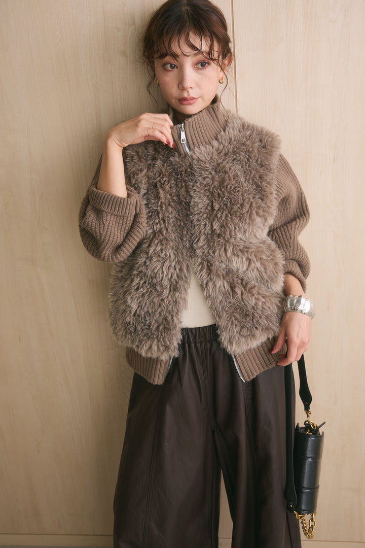 [SET]ファーコンビニットジップブルゾン+フェイクレザーカーブワイドパンツ(2set)