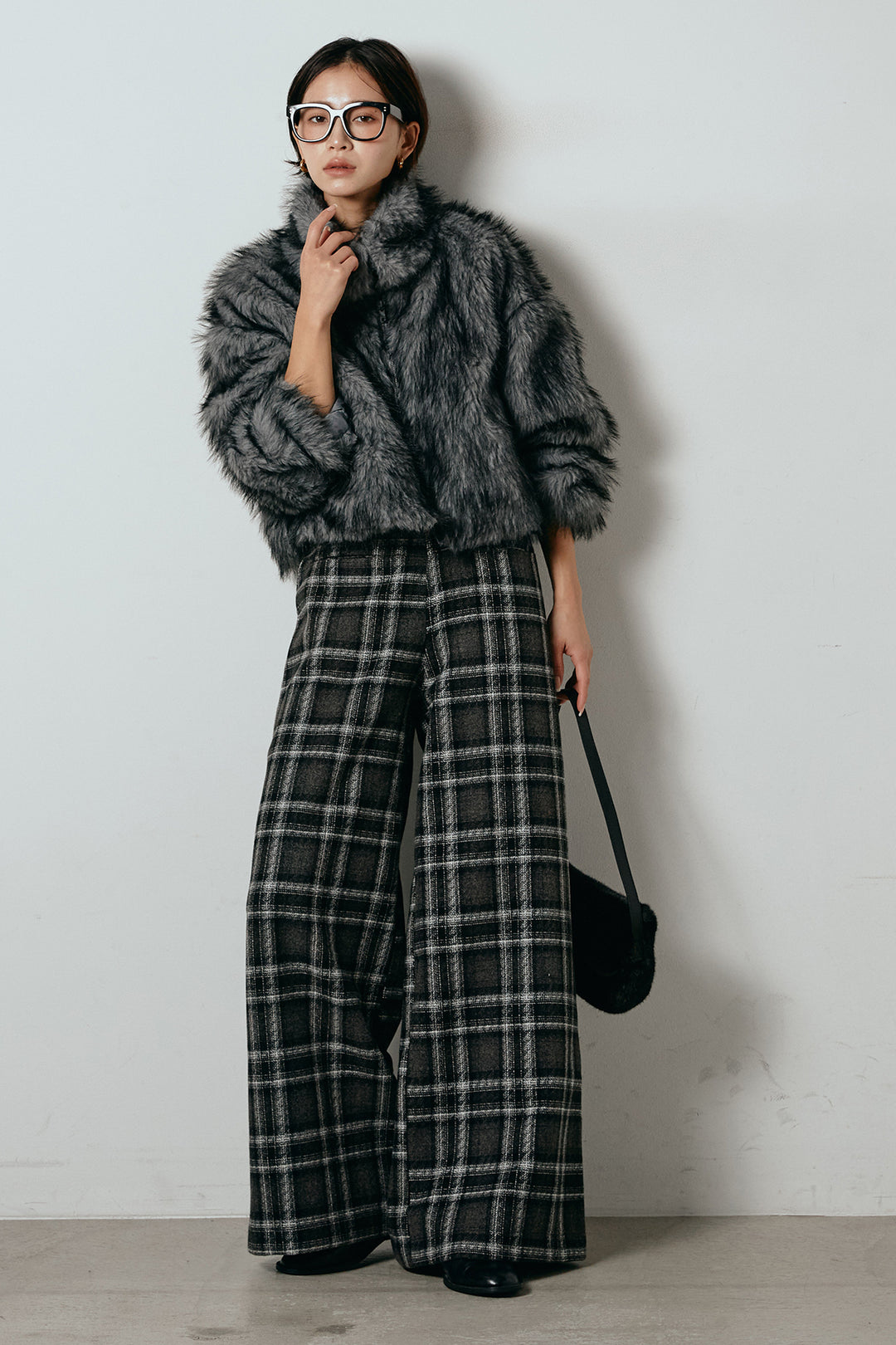 [SET]エコファーショート丈ブルゾン+ルーズタータンチェックワイドパンツ(2set)