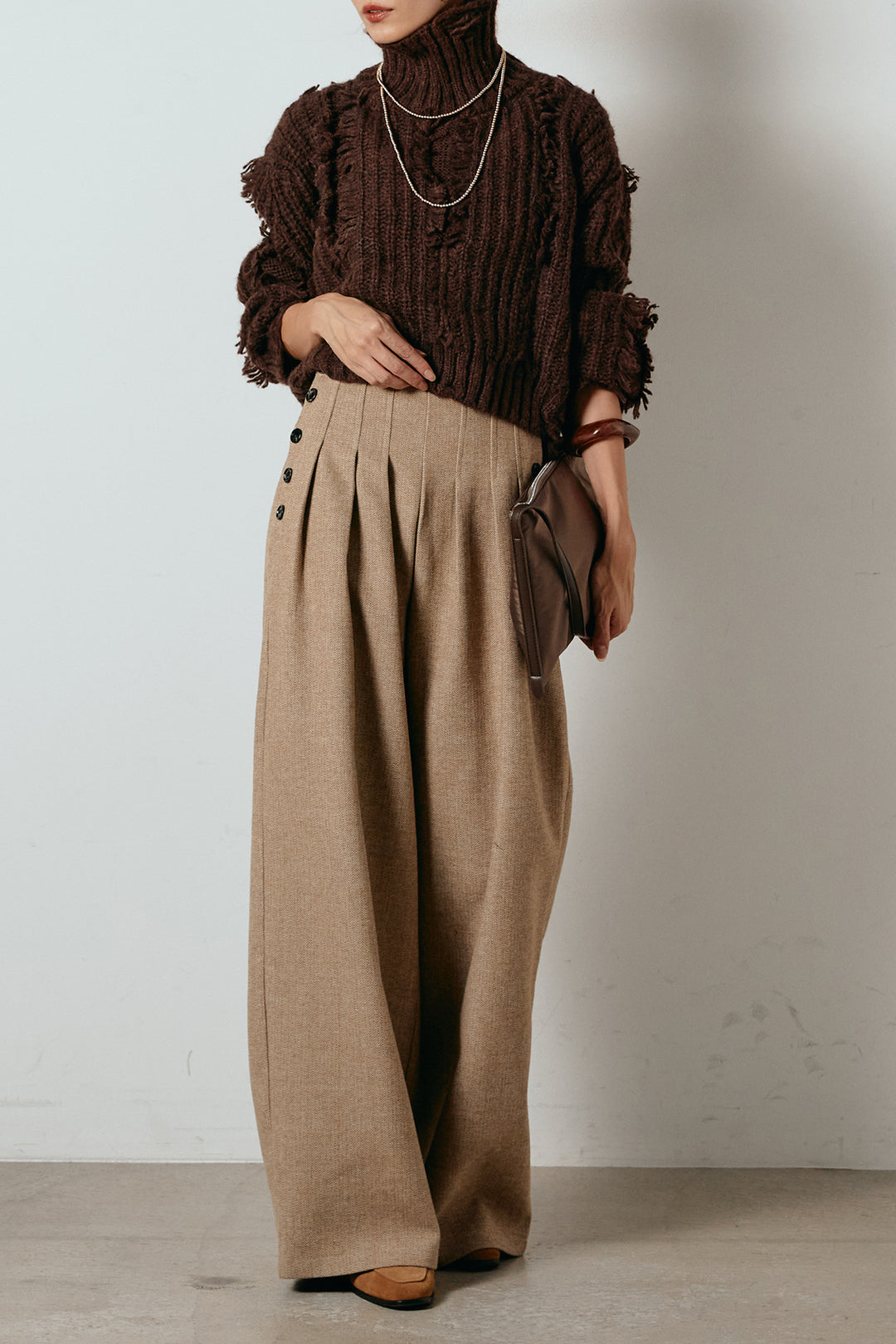 [SET]フリンジタートルショートニット+サイドボタンツイードタックパンツ(2set)