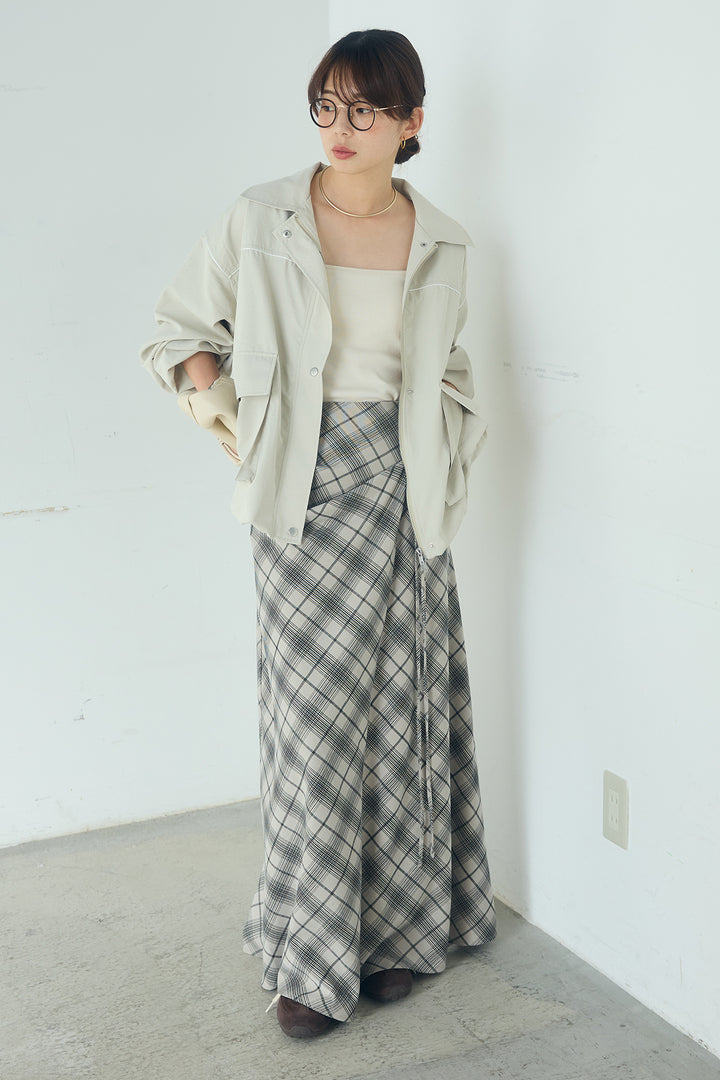 [SET]合繊ツイルバルーンジャケット+タータンチェック柄フロントデザインスカート(2set)
