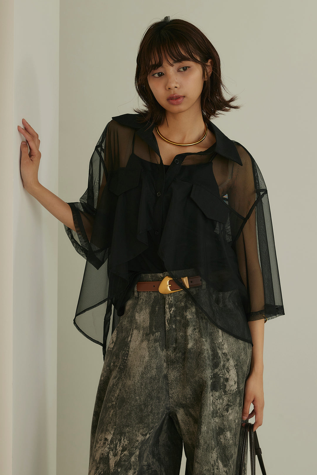 [SET]バックロングシアーシャツ+ニュアンスダイボリュームパンツ(2set)