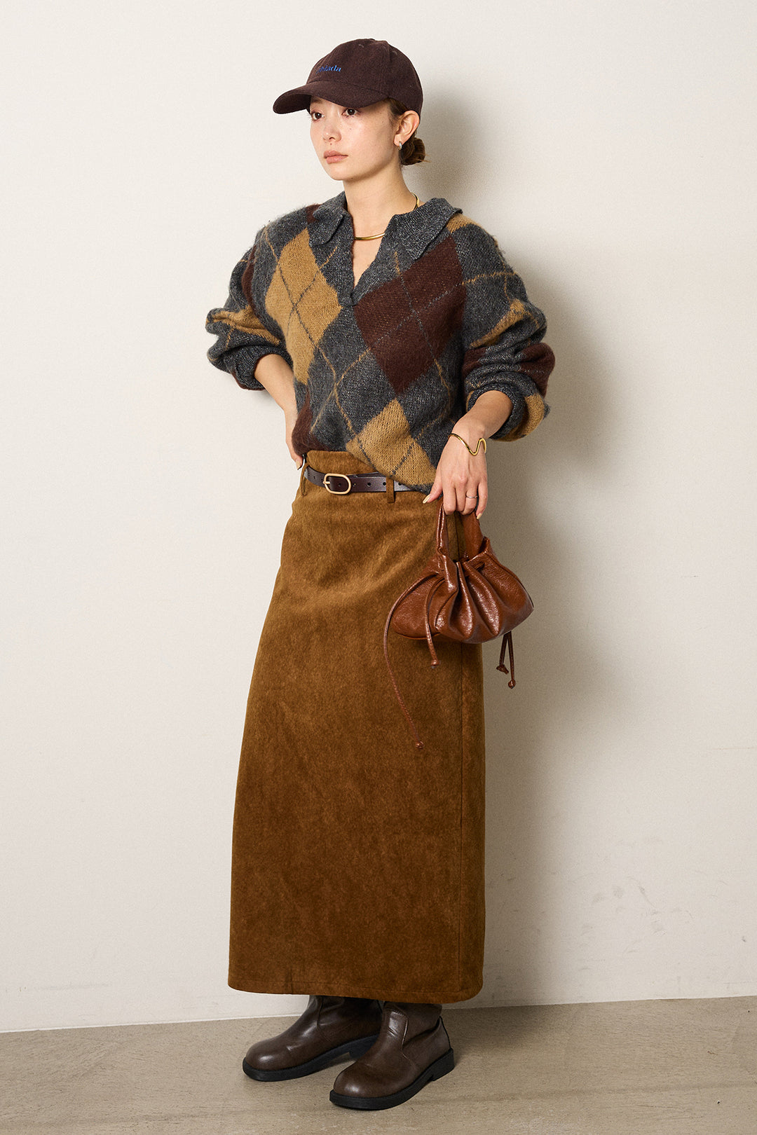 [SET]アクリルモヘアアーガイルキーネックプルオーバー+ロープベルト付きスウェード調スカート(2set)