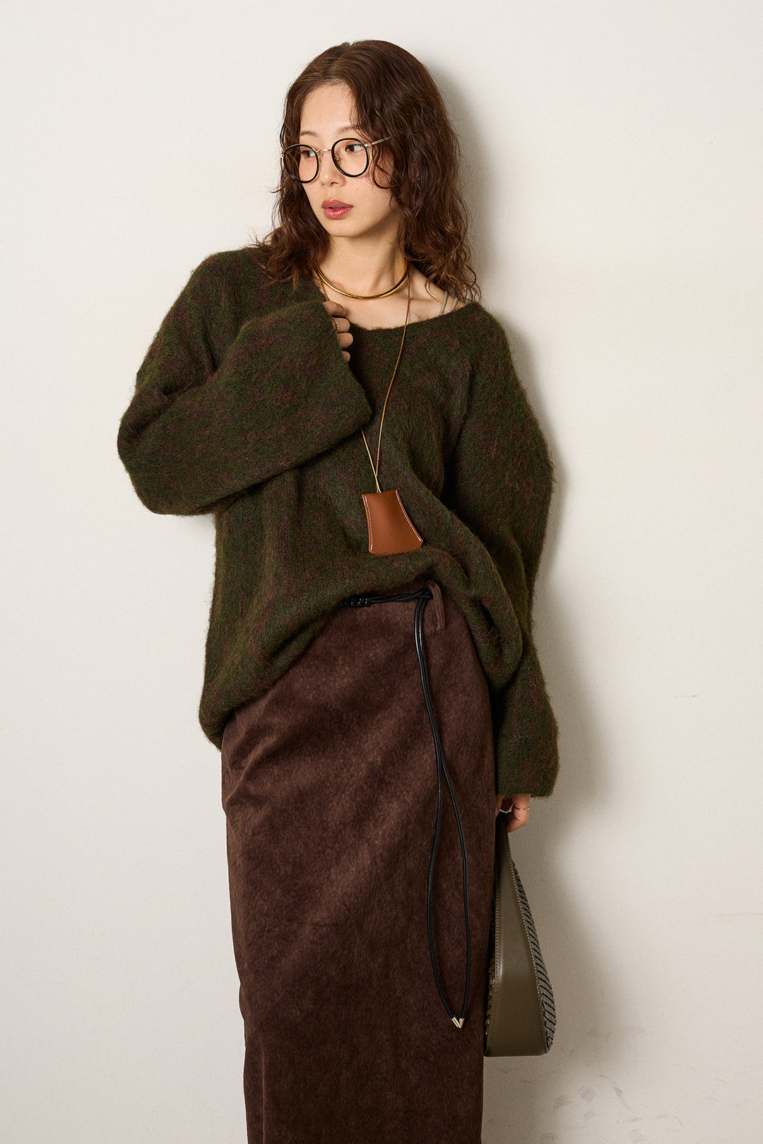 [SET]フラッフィーレオパードシャギーニット+ロープベルト付きスウェード調スカート(2set)