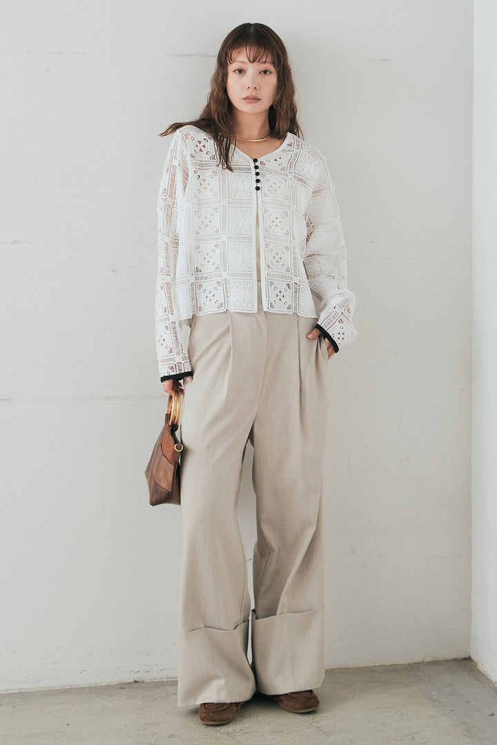 [SET]クロシェレースカーディガン+センタープレスセミワイドパンツ(2set)