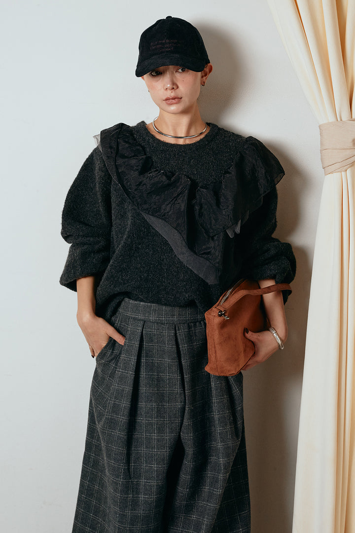 [SET]アシンメトリーフリルニットトップス+ウールライクチェックタックパンツ(2set)