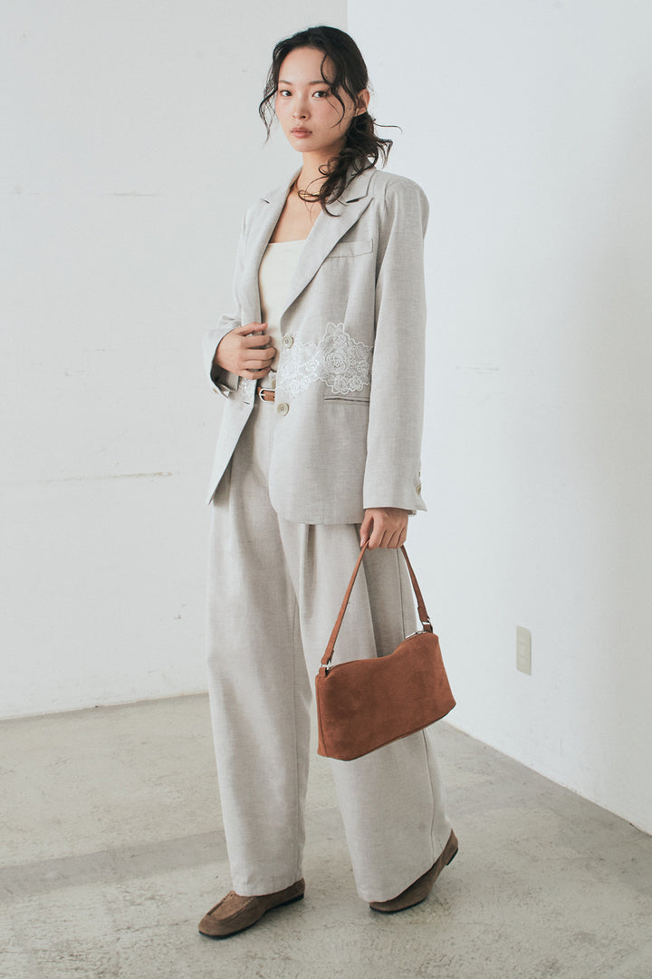 [SET]リネンタッチレースデザインジャケット+リネンタッチ細ベルト付きワイドパンツ(2set)