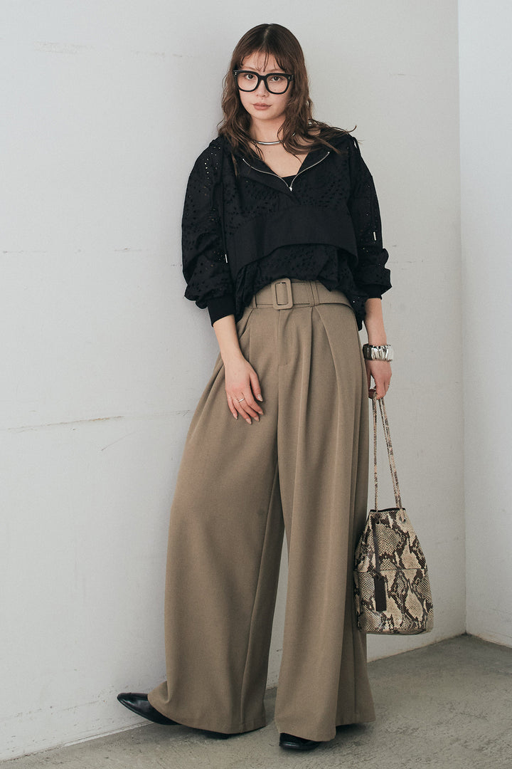 [SET]レースハーフジップアップフーディー+ベルト付きツータックワイドパンツ(2set)