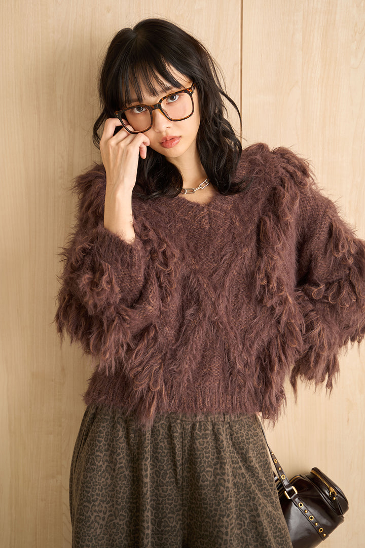 [SET]ランダムロングシャギーVネックニット+起毛レオパード柄カーブワイドパンツ(2set)