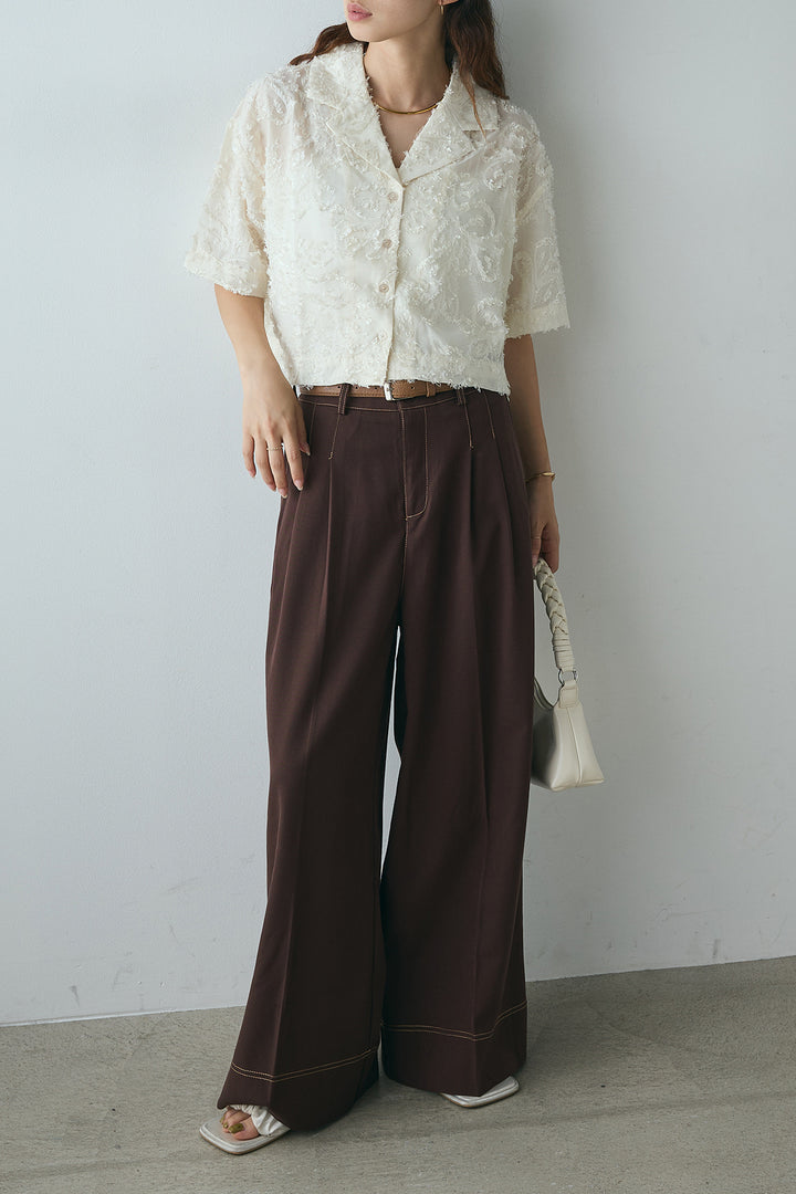 [SET]半袖オープンカラージャガード柄シャツ+ステッチデザインベルトワイドパンツ(2set)