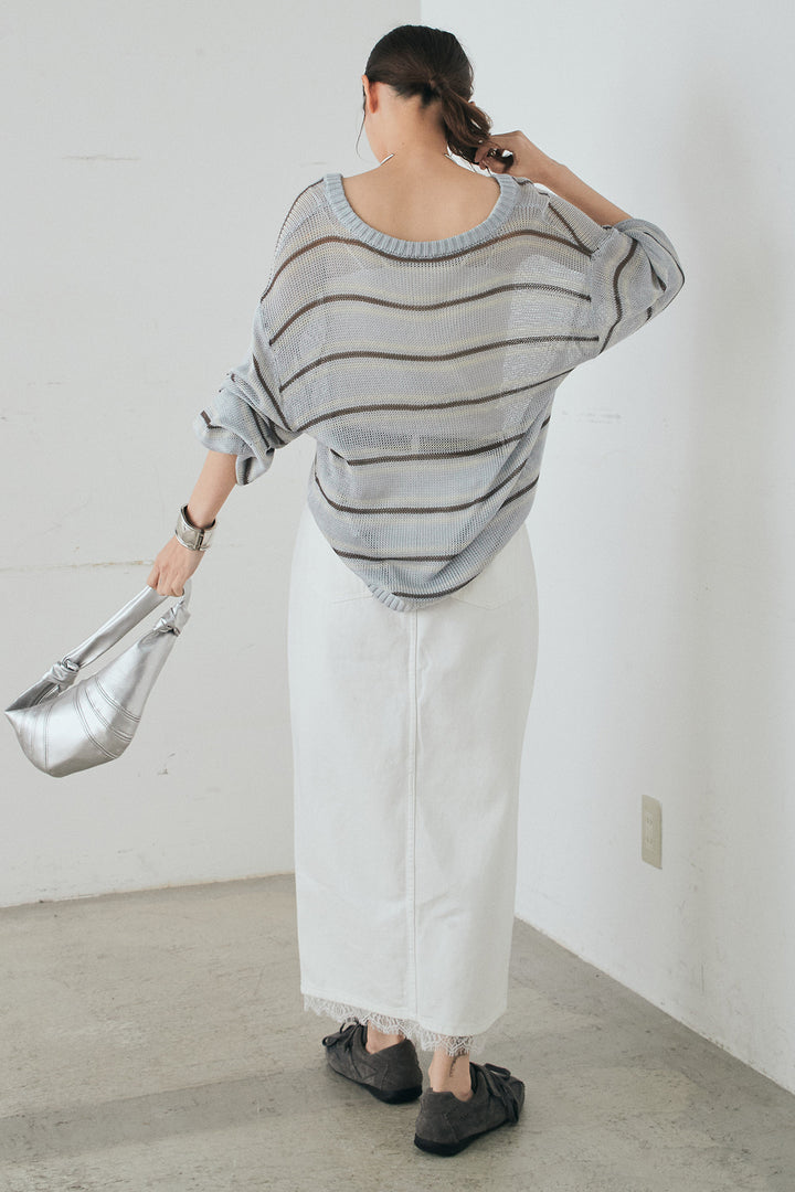 [SET]綿タッチVネックボーダートップス+裾レースデザインデニムスカート(2set)